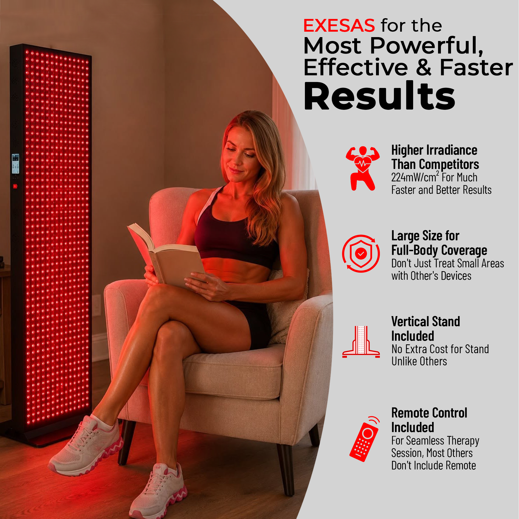 EXESAS 600 LED, 3000W Dual-Chip, Red Light Therapy Device for Full Body, 4-Wavelengths Infrared LED Panel for Skin, Weight, Pain, Wellness